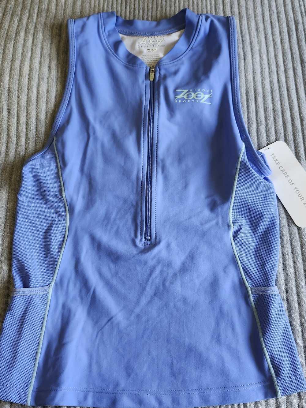 NEW ZOOT Sports Women's M Mesh Zip Triathlon Top Tank Serene Blue 2 Side Pockets